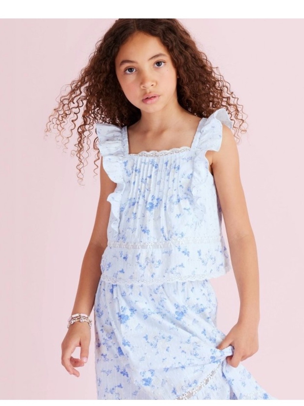 Girls Light Blue Floral Ruffle Tank Top